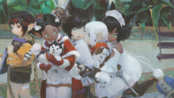 5girls absurdres animal_ears black_hair capelet character_request christmas dark-skinned_female dark_skin dog final_fantasy final_fantasy_xiv fur-trimmed_capelet fur_trim goggles goggles_on_head green_eyes highres hug hug_from_behind lalafell looking_at_another multiple_girls open_mouth pointy_ears red_eyes shacoco short_hair shorts smile thighhighs white_eyes white_hair white_thighhighs zettai_ryouiki