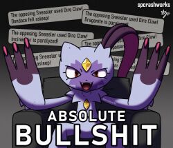 ! 2024 absolute_cinema_(meme) animal_focus arms_up claws english_text fangs gameplay_mechanics highres looking_at_viewer meme nintendo open_mouth pokemon pokemon_(creature) pokemon_focus pokemon_sv red_eyes signature sitting sneasler solo spcrashworks