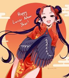 Rule 34 | 1girl, absurdres, animal ears, bird ears, black eyes, black feathers, black hair, china dress, chinese clothes, chinese new year, commentary request, double bun, dress, earrings, egasumi, english text, feathered wings, feathers, hair bun, hair rings, harpy, highres, jewelry, long hair, looking at viewer, mixed-language commentary, monster girl, multicolored hair, open mouth, original, red dress, solo, teeth, twintails, two-tone hair, two-tone wings, unreal fish, upper teeth only, winged arms, wings