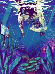 1boy 2boys brothers bubble eel male_focus monkey_d._luffy multiple_boys ocean one_piece portgas_d._ace reef_(sanomsai_products) rubber siblings sign solo_focus stretching surprised swimming tattoo tegaki topless_male underwater