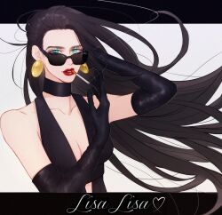 Rule 34 | 1girl, black choker, black dress, black gloves, black hair, blue eyes, character name, choker, cigarette, commentary request, dress, earrings, elbow gloves, eyelashes, floating hair, gloves, heart, highres, jewelry, jojo no kimyou na bouken, ko mooon, letterboxed, lisa lisa, long hair, looking at viewer, red lips, smoke, sunglasses, upper body