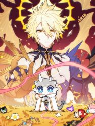 1boy alternate_form asymmetrical_wings black_shirt black_wings blonde_hair bug butterfly character_doll chimera_(honkai:_star_rail) coat commentary cracked_skin doll english_commentary flower ganleneng gold_necklace hair_between_eyes halo halo_behind_head highres holding holding_sword holding_weapon honkai:_star_rail honkai_(series) insect jewelry little_ica_(honkai:_star_rail) male_focus material_growth necklace phainon_(honkai:_star_rail) purple_butterfly shirt short_hair solo sword torn_clothes torn_shirt tribbie_(honkai:_star_rail) twitter_username weapon wheat_field white_coat wings yellow_blood yellow_eyes yellow_wings