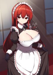 1girl apron black_dress black_gloves breasts cleavage closed_mouth commission dress gloves highres large_breasts long_hair maid maid_headdress nai_(cnoadi8) original red_eyes red_hair skeb_commission skirt_hold smile solo twitter_username white_apron white_wrist_cuffs window wrist_cuffs