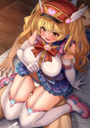 1girl absurdres bandaid bandaid_on_face between_legs between_thighs blonde_hair blush breasts cygames gran_(granblue_fantasy) granblue_fantasy hat hetero highres large_breasts long_hair looking_at_viewer momo_no_sukebe monika_weisswind open_mouth panties peaked_cap penis pleated_skirt princess_connect! shingeki_no_bahamut skirt thigh_sex thigh_strap thighhighs thighs twintails underwear wavy_hair