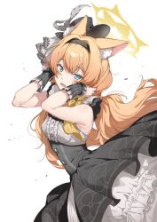 1girl animal_ear_fluff animal_ears armpits bare_shoulders black_hat blue_archive blue_eyes cat_ears commentary double-parted_bangs dress floating_hair frills grey_dress hairband halo hat highres holding holding_own_hair idol_clothes long_hair looking_at_viewer low_twintails mari_(blue_archive) mari_(idol)_(blue_archive) mini_hat mini_top_hat orange_hair ribbon solo sweat symbol-only_commentary top_hat twintails two-tone_dress white_background yellow_halo yellow_ribbon youguo_naberu