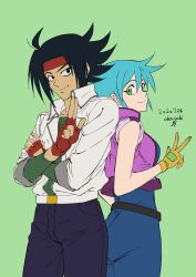 Rule 34 | 1boy, 1girl, allenby beardsley, blue bodysuit, blue hair, bodysuit, breasts, closed mouth, dated, domon kasshu, fingerless gloves, g gundam, gloves, green eyes, gundam, headband, highres, looking at viewer, male focus, matsukawa tetsuya, medium breasts, short hair, simple background, skin tight, smile, v