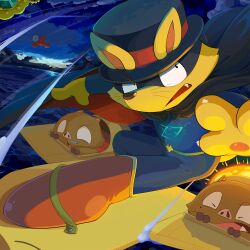 1boy aircraft airplane black_cape black_eyes black_hat blue_pants blue_shirt boar boots cape claws eye_mask fang fox_boy furry furry_male hat kaiketsu_zorori male_focus mokechi outdoors pants riding shirt snot zorori