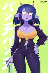 1girl asymmetrical_bangs black_nails blue_eyes blunt_bangs breasts can cleavage colored_sclera colored_skin commentary demon_girl demon_horns drink_can earrings english_commentary fingernails flytrapxx green_background highres horns jewelry large_breasts looking_to_the_side matsumoto_nono mole mole_under_eye pac-man_eyes partially_unzipped pink_horns pointy_ears punch_punch_forever! purple_lips purple_skin purple_track_suit short_hair soda_can solo sphere_earrings track_suit wide_hips yellow_sclera zipper_pull_tab