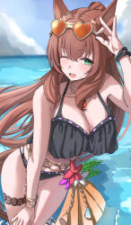;d animal_ears bare_shoulders bikini black_bikini bracelet breasts brown-tinted_eyewear brown_hair cleavage eyewear_on_head frilled_bikini frills green_eyes hair_between_eyes heart heart-shaped_eyewear highres horse_ears horse_girl horse_tail jewelry large_breasts long_hair looking_at_viewer maruzensky_(blasting_off_summer_night)_(umamusume) maruzensky_(umamusume) naname_(nanameee_04) navel necklace official_alternate_costume one_eye_closed open_mouth orange-tinted_eyewear ponytail smile sunglasses swimsuit tail tinted_eyewear umamusume