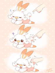 Rule 34 | 1other, :d, :o, ?, blush, brown background, brown eyes, closed eyes, commentary request, disembodied hand, drooling, gen 8 pokemon, highres, mugita konomi, nintendo, open mouth, petting, pokemon, pokemon (creature), polka dot, polka dot background, scorbunny, smile, squeans