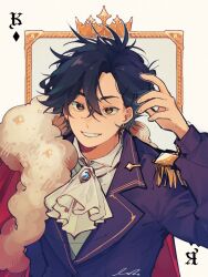 Rule 34 | 1boy, alternate costume, ascot, black hair, black jacket, blue gemstone, brooch, brown eyes, cape, card (medium), cheng xiaoshi, collared shirt, crown, earrings, fur-trimmed cape, fur trim, gem, grin, hair between eyes, hand up, hanmdin, jacket, jewelry, long sleeves, looking at viewer, male focus, red cape, shiguang dailiren, shirt, short hair, signature, simple background, smile, solo, teeth, upper body, white ascot, white background, white shirt