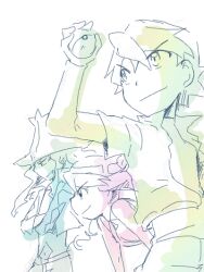 1girl 2boys closed_mouth crossed_arms drew_(pokemon) harley_(pokemon) hat holding may_(pokemon) multiple_boys nintendo poke_ball pokemon pokemon_(anime) pokemon_dppt_(anime) pokemon_rse_(anime) simple_background smile teppo white_background