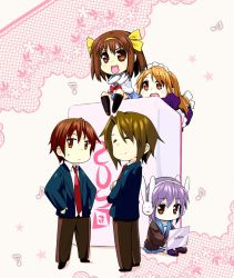 Rule 34 | 00s, 2boys, 3girls, asahina mikuru, board game, bunny headphones, chibi, computer, crown (crown n), headphones, highres, koizumi itsuki, kyon, laptop, long hair, mahjong, mahjong tile, maid, multiple boys, multiple girls, nagato yuki, oversized object, school uniform, serafuku, short hair, suzumiya haruhi, suzumiya haruhi-chan no yuuutsu, suzumiya haruhi no yuuutsu