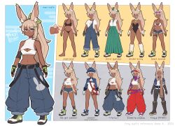1girl :d absurdres animal_ear_fluff animal_ears bag baggy_pants bare_shoulders bikini black_bra black_footwear black_leotard black_panties black_pants black_socks blue_pants blue_shirt blue_shorts boots bra breasts brown_hair brown_scarf cleavage cleavage_cutout closed_mouth clothing_cutout commentary cosplay crop_top cutoffs dark-skinned_female dark_skin egasumi english_commentary fingerless_gloves freydraws fringe_trim gloves green_footwear green_hakama green_necktie grin hair_ornament hairclip hakama hakama_skirt highres japanese_clothes kimono knee_boots leotard long_hair medium_breasts messenger_bag midriff multiple_views navel necktie open_clothes open_fly open_mouth open_shorts original overalls panties pants ponytail rabbit_ears rabbit_girl rabbit_tail red_headwear red_pants scarf see-through_clothes shirt shoes short_necktie short_shorts short_sleeves shorts shoulder_bag skirt sleeveless sleeveless_kimono sleeveless_shirt smile socks strapless strapless_leotard swimsuit tail underwear underwear_only variations very_long_hair visor_cap white_bikini white_gloves white_kimono white_leotard white_shirt x_hair_ornament