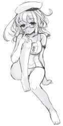 1girl absurdres bare_legs blush breasts glasses hair_ribbon hat highres i-8_(kancolle) kantai_collection kaomoji_(sagor00237) large_breasts long_hair looking_at_viewer low_twintails monochrome name_tag one-piece_swimsuit open_mouth ribbon school_swimsuit semi-rimless_eyewear sitting smile solo swimsuit twintails under-rim_eyewear white_background