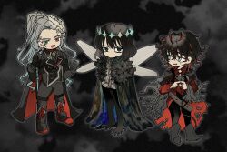 Rule 34 | 3boys, alessandro di cagliostro (fate), arthropod boy, black background, black hair, braid, cape, chest belt, cloak, colored inner hair, cracked skin, crown, curly hair, dante alighieri (fate), dante alighieri (second ascension) (fate), deformed, diamond hairband, fate/grand order, fate (series), full body, fur-trimmed cape, fur trim, green eyes, grey background, grey cloak, grey eyes, grey hair, hanana (ymbk sb), heterochromia, highres, index fingers together, insect wings, jacket, long hair, long sleeves, looking at another, looking at viewer, male focus, medium hair, multicolored hair, multiple boys, oberon (fate), oberon (third ascension) (fate), open mouth, pants, ponytail, red eyes, red hair, shirt, simple background, smile, standing, sweatdrop, torn cloak, torn clothes, torn coat, two-tone hair, white shirt, wings