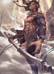 1boy abs bare_pectorals black_hair character_request chunithm copyright_notice guitar highres holding holding_guitar holding_instrument instrument long_sleeves male_focus mature_male muscular muscular_male official_art open_clothes open_shirt parted_lips pectorals scar scar_on_face so-taro solo speaker toned toned_male utility_pole