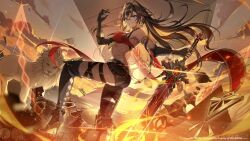 1girl absurdres animal_ears artist_name asymmetrical_clothes bare_shoulders black_boots black_pants blonde_hair blue_eyes boots breasts character_name claw_ring claymore_(sword) cloud copyright_name crossed_bangs dark-skinned_female dark_skin dehya_(genshin_impact) desert earrings elbow_gloves embers fire floating_hair gauntlets genshin_impact gloves grin hand_on_hilt high_heel_boots high_heels highres holding holding_sword holding_weapon huge_weapon jewelry lion long_hair looking_at_viewer medium_breasts multicolored_hair neck_ring pants single_gauntlet single_pantsleg skindentation sky smile solo streaked_hair sword thigh_boots thigh_strap thighs torn_clothes torn_pants two-tone_hair very_long_hair weapon wolf&#039;s_gravestone_(genshin_impact) yolanda