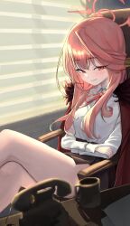 1girl absurdres antique_phone aru_(blue_archive) black_skirt blue_archive blush chair coat commentary crossed_arms demon_horns dress_shirt halo highres horns indoors long_hair looking_at_viewer office_chair on_chair orange_eyes parted_lips pink_hair ribbon shirt skirt smile solo sunlight swivel_chair ubeuna white_shirt window_blinds