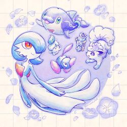 alolan_form alolan_vulpix alternate_color artist_name blue_hair blue_skin bob_cut colored_skin comfey dress finizen fire flower gardevoir gen_2_pokemon gen_3_pokemon gen_5_pokemon gen_7_pokemon green_eyes hair_over_one_eye highres litwick multicolored_skin murase_(muraselelait) nintendo orange_eyes petals pokemon pokemon_(creature) porygon2 purple_eyes shiny_pokemon smile two-tone_skin white_dress white_fur white_skin
