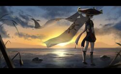 1boy armor arms_at_sides bamboo black_border black_hair black_hat black_kimono black_sandals black_shorts black_sleeves blunt_ends border checkered_bag closed_mouth cloud cloudy_sky dawn from_behind full_body furisode genshin_impact gold grey_socks grey_veil hat hidu713 highres japanese_armor japanese_clothes jingasa kimono kote kurokote layered_sleeves letterboxed male_focus mountainous_horizon o-ring pouch purple_sleeves red_hat rock sandals scaramouche_(genshin_impact) see-through_clothes see-through_veil short_sleeves shorts sky smile socks solo standing sunrise two-tone_hat veil white_trim zouri
