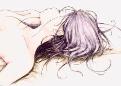 1girl absurdres bbmasa breasts collarbone commentary_request from_side gradient_background grey_background hibike!_euphonium highres liz_to_aoi_tori long_hair lying messy_hair nude on_back profile small_breasts solo traditional_media upper_body