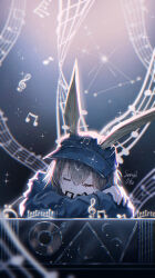 1girl absurdres against_desk amiya_(arknights) animal_ears arknights black_hat black_jacket closed_eyes hat highres jacket musical_note rabbit_ears rabbit_girl saraph_se_la signature sleeping tagme