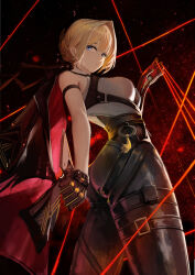 Rule 34 | 1girl, absurdres, arm strap, ass, black background, black gloves, black jacket, black pants, blonde hair, blue eyes, breasts, chinese commentary, closed mouth, commentary request, cowboy shot, evelyn chevalier, from side, gloves, high-waist pants, highres, jacket, jacket on shoulders, jinling ovo, large breasts, looking at viewer, mole, mole under eye, pants, partial commentary, red background, shirt, short hair, solo, tight clothes, tight pants, white shirt, zenless zone zero
