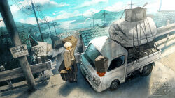 1boy bay bird black_pants black_shoes blue_sky boat box brown_coat brown_eyes brown_necktie cardboard_box cigarette cloud cloudy_sky coat collared_shirt creature dark-skinned_male dark_skin day film_grain guard_rail highres hill holding holding_box holding_suitcase house jimini_shijimi landscape lighthouse long_sleeves motor_vehicle necktie ocean open_clothes open_coat original pants pickup_truck plant potted_plant power_lines railing rope sailboat seagull shirt shoes sign sky smoke smoking solo stairs standing suitcase sunlight tile_roof town trench_coat truck utility_pole watercraft white_shirt wide_shot wooden_box