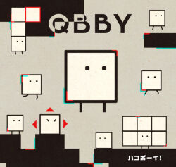 arrow_(symbol) boxboy! character_name closed_eyes cubism grey_background jumping no_humans qbby solid_circle_eyes tetori translation_request