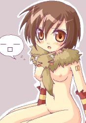 1girl :o animal animal_around_neck blush breasts brown_eyes brown_hair commentary_request cowboy_shot detached_sleeves fox grey_background jewelry looking_at_viewer lowres medium_breasts meiko_(vocaloid) nipples nude oekaki professor_(ragnarok_online) ragnarok_online red_sleeves shirokuro_(lapinnoir) short_hair simple_background solo striped_sleeves tattoo vocaloid yellow_sleeves