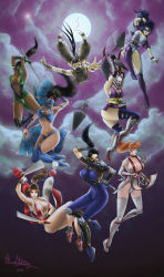 6+girls artist_name black_hair bodysuit boots brown_hair capcom cloud crossover dead_or_alive eternal_champions falling fan fatal_fury female_focus hair_ornament high_heel_boots high_heels highres ibuki_(street_fighter) jade_(mortal_kombat) japanese_clothes kasumi_(doa) kitana knife kunimitsu_(9nimi2) kunimitsu_(tekken) ninja legs leotard long_hair looking_at_viewer moon mortal_kombat_(series) mortal_kombat_9 multiple_girls namco night ninja operatingtethan orange_hair ponytail sega shadow_yamato shiranui_mai snk soul_calibur staff star_(sky) street_fighter sword taki_(soulcalibur) tecmo tekken tekken_tag_tournament_2 the_king_of_fighters thigh_boots thighhighs throwing_knife trait_connection weapon