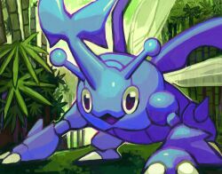 :3 all_fours antennae bamboo bamboo_forest bug claws doubledunked forest full_body gen_2_pokemon heracross highres horns insect_wings looking_at_viewer nature nintendo open_mouth pokemon pokemon_(creature) pokemon_focus single_horn smile solo wings