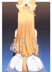 Rule 34 | 1girl, animal ears, bare shoulders, black background, blonde hair, blue archive, blue background, bow (bhp), detached sleeves, dress, facing away, fox ears, fox girl, fox tail, from behind, gradient background, hair focus, halo, highres, long hair, seia (blue archive), sleeve bow, solo, tail, white dress, yellow halo