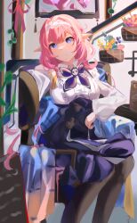 1girl absurdres black_pantyhose blue_bow blue_bowtie blue_eyes blue_skirt bow bowtie breasts elf elysia_(coco)_(honkai_impact) elysia_(honkai_impact) hairband highres honkai_(series) honkai_impact_3rd indoors large_breasts lk_luke looking_at_viewer official_alternate_costume on_chair pantyhose pink_hair pointy_ears shirt sitting skirt solo white_hairband white_shirt