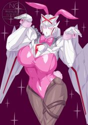Rule 34 | 1girl, absurdres, animal ears, blush, breasts, colored skin, highres, leotard, looking at viewer, mechanical wings, no.1 sentai gozyuger, otokamu, playboy bunny, purple eyes, queen tegajune, rabbit ears, robot, super sentai, tegajune, tokusatsu, white skin, wings