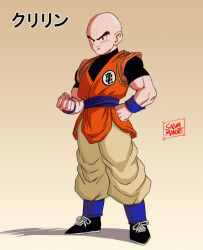 1boy absurdres alternate_costume bald character_name clenched_hands commentary_request dragon_ball dragonball_z facial_mark forehead_mark frown highres kuririn male_focus muscular muscular_male salvamakoto shirt signature solo spanish_commentary turtleneck turtleneck_shirt wristband