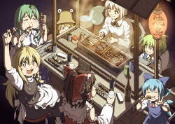 6+girls :d apron bare_shoulders black_bow black_bowtie black_skirt black_vest blonde_hair blue_bow blue_wings blush bottle bow bowtie braid brown_hair brown_hat cirno closed_eyes closed_mouth collared_shirt commentary_request contrast_collar crying cup daiyousei detached_sleeves dress drinking_glass eating fairy_wings food frilled_apron frilled_bow frilled_shirt_collar frills frog_hair_ornament full_mouth green_eyes green_hair grey_hair grill grin hair_bow hair_ornament hair_ribbon hair_tubes hakurei_reimu hat holding holding_cup holding_food ice ice_wings inuno_rakugaki kirisame_marisa kochiya_sanae konpaku_youmu lamp long_hair long_sleeves looking_at_viewer moriya_suwako multiple_girls neck_ribbon open_mouth pinafore_dress ponytail red_bow red_ribbon red_shirt ribbon ribbon-trimmed_sleeves ribbon_trim shirt short_hair short_sleeves single_braid single_hair_tube single_sidelock sitting skirt skirt_set sleeveless sleeveless_dress sleeveless_shirt smile snake_hair_ornament socks streaming_tears table tears touhou turtleneck turtleneck_shirt v vest waist_apron white_apron white_shirt white_sleeves white_socks wide_sleeves wings yellow_eyes yellow_ribbon