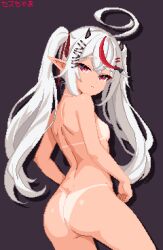 1girl ahoge ass bikini_tan breasts from_behind hair_ornament hair_ribbon hairclip horns looking_at_viewer looking_back multicolored_hair nude phase_connect pointy_ears red_eyes red_hair remilia_nephys ribbon seth-chama shoulder_blades small_breasts solo streaked_hair tan tanline twintails virtual_youtuber white_hair