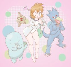 1girl blue_eyes breasts claws female_focus gen_1_pokemon gen_2_pokemon golduck gym_leader hair_between_eyes legs_apart looking_at_viewer misty_(pokemon) nintendo nomura_(buroriidesu) one-piece_swimsuit one_eye_closed own_hands_together pokemon pokemon_(creature) quagsire smile standing staryu swimsuit white_one-piece_swimsuit wink