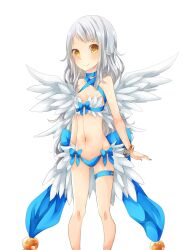 Rule 34 | 1girl, back bow, bangle, bikini, blue bikini, blue bow, blush, bow, bracelet, breasts, cleavage, closed mouth, commentary request, feather trim, feathered wings, feet out of frame, grey hair, highres, jewelry, long hair, looking at viewer, meiko (nattu303), mismatched bikini, navel, ragnarok online, simple background, small breasts, smile, solo, swimsuit, thigh strap, wanderer (ragnarok online), white background, white bikini, white wings, wings, yellow eyes