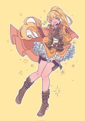 1girl :d ^_^ arm_cutout badge belt belt_boots belt_buckle blonde_hair boots box brown_belt brown_boots brown_corset brown_gloves buckle cape closed_eyes closed_mouth colored_pencil commentary corrupted_twitter_file corset crescent_ornament criss-cross_strings crossed_belts facing_viewer floating floating_clothes floating_hair full_body gloves hair_between_eyes hair_ornament hands_up hashtag-only_commentary high_ponytail highres holding holding_box holster jacket knees_together_feet_apart lapels long_hair long_sleeves miniskirt notched_lapels ootsuki_aruru open_clothes open_jacket open_mouth orange_cape orange_jacket orange_scarf orange_skirt outline own_hands_together pencil petticoat ponytail sakana_(rin01120) scarf shirt shoujo_kageki_revue_starlight shoujo_kageki_revue_starlight_-re_live- skirt smile solo sparkle star_(symbol) star_hair_ornament striped_cape striped_clothes striped_scarf thigh_belt thigh_strap very_long_hair white_corset white_outline white_shirt yellow_background yellow_trim