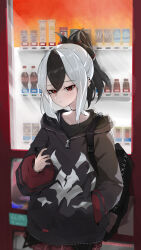 1girl black_bag black_choker black_hair black_hoodie black_horns blue_archive blush cellphone choker closed_mouth cola commentary_request demon_horns ear_piercing grey_hair hair_between_eyes hand_in_pocket highres holding holding_phone hood hood_down hoodie horns kayoko_(blue_archive) leo795 long_sleeves looking_at_viewer mole mole_on_shoulder no_halo phone piercing plaid_clothes plaid_skirt ponytail red_eyes red_skirt sidelocks skirt smartphone solo standing vending_machine