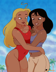 1boy 2girls ahoge between_breasts black_hair blonde_hair blue_eyes blue_shirt breast_press breasts brown_eyes brown_shorts cleavage cloud collarbone dakunart dark_skin david_kawena disney giant giantess grin highleg highleg_one-piece_swimsuit large_breasts lifeguard lifeguard_(lilo_&amp;_stitch) lilo_&amp;_stitch long_hair looking_at_another looking_down midriff mini_person miniboy multiple_girls nani_pelekai navel necklace one-piece_swimsuit palm_tree red_one-piece_swimsuit shirt short_hair shorts sky smile standing swimsuit symmetrical_docking tank_top teeth tooth_necklace topless_male tree
