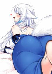 Rule 34 | 1girl, animal ears, ass, bare shoulders, barefoot, blue eyes, bridal gauntlets, chocolate, colored eyelashes, detached sleeves, female focus, fox ears, fox tail, gloves, heart, jpeg artifacts, konshin, leg up, looking at viewer, looking back, lying, mouth hold, on stomach, orie mishiro, original, pixiv fantasia, pixiv fantasia fallen kings, solo, tail, twitter username, white background, white hair