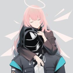 1girl 1other absurdres arknights black_jacket closed_eyes closed_mouth commentary commentary_typo detached_wings doctor_(arknights) english_commentary grey_background grey_halo halo head_hug heads_together heart highres hood hood_up hooded_jacket jacket lemuen_(arknights) long_hair long_sleeves myticalcat pink_hair simple_background smile traditional_halo wings