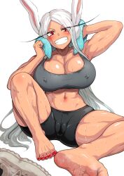 1girl :d abs absurdres animal_ears arm_behind_head armpits bare_arms bare_legs bare_shoulders barefoot bike_shorts black_shorts blush boku_no_hero_academia breasts cameltoe cleavage collarbone covered_erect_nipples dark-skinned_female dark_skin feet grey_sports_bra harurukan highres holding holding_towel knee_up large_breasts long_eyelashes long_hair looking_at_viewer mirko nail_polish navel open_mouth parted_bangs rabbit_ears rabbit_girl red_eyes red_nails shoes shorts simple_background sitting smell smile soles solo sports_bra spread_legs stomach sweat sweaty_clothes thick_thighs thighs toenail_polish toenails toes toned toned_female towel towel_around_neck unworn_shoes very_long_hair very_sweaty white_background white_hair white_shoes wiping_sweat