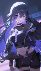 Rule 34 | 1girl, absurdres, black jacket, black shorts, breasts, chromatic aberration, closed mouth, colored inner hair, covered collarbone, cowboy shot, dutch angle, earrings, hair between eyes, hand up, highres, jacket, jewelry, kamitsubaki studio, koko (kamitsubaki studio), looking to the side, medium breasts, midriff, missing commentary, mole, mole under eye, multicolored hair, navel, off shoulder, purple eyes, purple hair, shali, shorts, solo