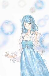 1girl blue_dress blue_eyes blue_gemstone blue_hair blue_ribbon blurry blurry_foreground bubble bubble_wand cardigan chain chain_necklace chest_jewel closed_eyes closed_mouth collarbone cowboy_shot dress earrings eyelashes frilled_cardigan frilled_sleeves frills gem hair_ornament happy heart-shaped_gem heartlake_ripples_(infinity_nikki) highres holding holding_wand infinity_nikki jewelry jintianshigehaotianqine long_dress long_hair long_sleeves looking_at_viewer motion_blur necklace nikki_(series) one_eye_closed pleated_dress puffy_long_sleeves puffy_sleeves ribbon signature simple_background smile solo speech_bubble standing swept_bangs wand white_background white_cardigan