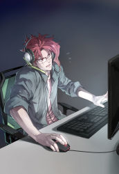1boy absurdres alternate_costume bad_id bad_pixiv_id blouse casual collared_shirt computer computer_keyboard computer_mouse cradling_phone dated headphones highres jacket jojo_no_kimyou_na_bouken kakyoin_noriaki keyboard linjie male_focus open_clothes open_shirt red_eyes red_hair scar scar_across_eye scar_on_face shirt sleeves_rolled_up solo